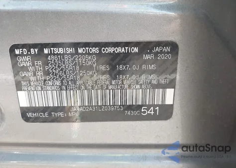 2020 Mitsubishi Outlander Es 2.4 z USA, uszkodzony, nr VIN JA4AD2A31LZ039753